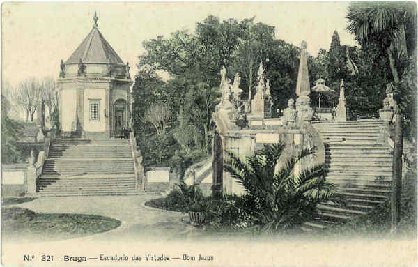 N� 321 - Braga. Escadorio das Virtudes. Bom Jezus - Ed. Alberto Malva - SD - Dim. 14x8,9 cm - Col. M. Soares Lopes