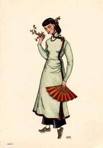 OLIVA - Vestido, cal�as e sapatos de seda. Leque e j�ias de jade. Penteado enfeitado com flores. - Lit. Nacional - S/D - Dimens�es: 15x10,5 cm - Colec��o M. F. Silva