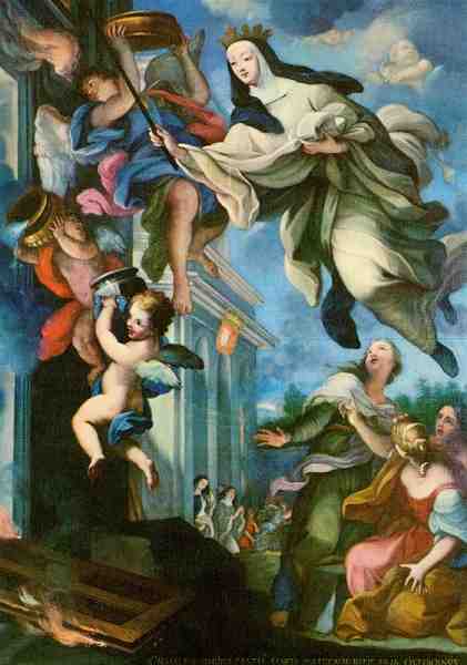 N.� 6 - Arouca: A Beata Mafalda interv�m miraculosamente num inc�ndio do Convento. Tela de Autor desconhecido (s�c. XVIII) - Edi��o do Museu de Arte Sacra de Arouca - S/D - Dimens�es: 10,5x14,9 cm. - Col. HJCO (1989).