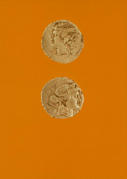 N.� 44 - MUSEU MONOGR�FICO DE CON�MBRIGA. Moeda de prata. Baco (verso) e Libera (reverso) c. 78 a. C. - Fot�grafo DELFIM FERREIRA - Impressores EDARTE, Porto - SD - Dim. 14,6x10,5 cm. - Col. F�tima B�ia.