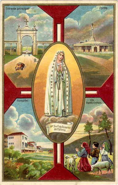 SN - F�tima. Desenhos da Entrada principal, Fonte, Hospital e Os pastorinhos - Editor n�o indicado - SD - Dim. 14x9,0 cm - Col. M. Soares Lopes.