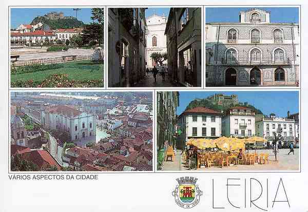 N.� 18 - LEIRIA-Portugal V�rios aspectos da Cidade: Castelo, Rua Direita, Farm�cia, Vista Panor�mica da S�, Pra�a Rodrigues Lobo - Edi��o da Regi�o de Turismo de Leiria, Rota do Sol - S/D - Dimens�es: 15x10 cm. - Col. R. Gaspar.