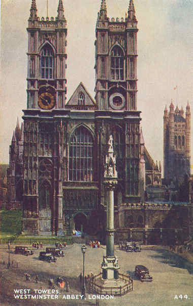 A44 - London, Westminster Abbey, West Towers - Reedi��o de Valentine & Suns em 1951 - Dim. 13,9x8,8 cm - Col. Am�lcar Monge da Silva (cerca de 1915)