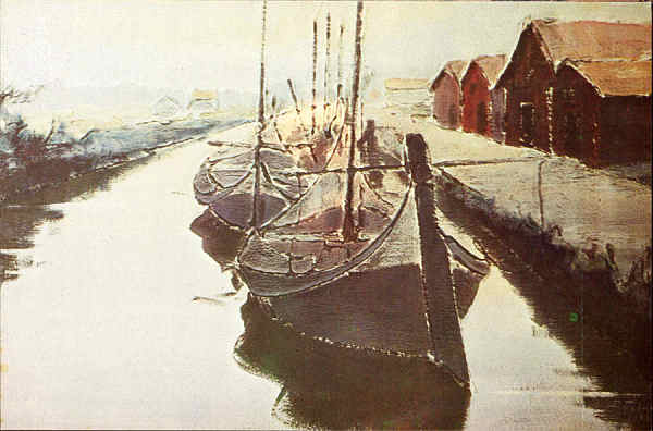 N.� 14 - AVEIRO Portugal  Canal de S. Roque. �leo sobre madeira de C�ndido Teles, 1984 - Edi��o da Livraria Estante, Aveiro - S/D - Dimens�es: 15x10 cm. - Col. �nio Semedo.