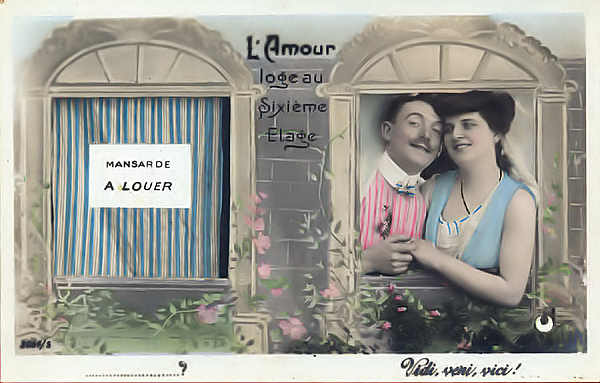 N�3054/5 - L'Amour loge au sixi�me �tage - Edi��o an�nima francesa, Paris - Dim. 14x8,9 cm - Col. Am�lcar Monge da Silva (cerca de 1920)