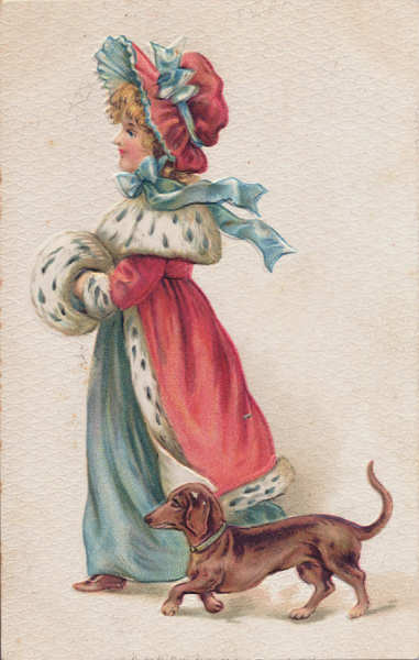 SN - Senhorita de capa e chap�u vermelhos com c�o (Relevo) - Editor H & S, Alemanha - Circulado em 1909 - Dim. 13,7x8,6 cm - Col. Am�lcar Monge da Silva