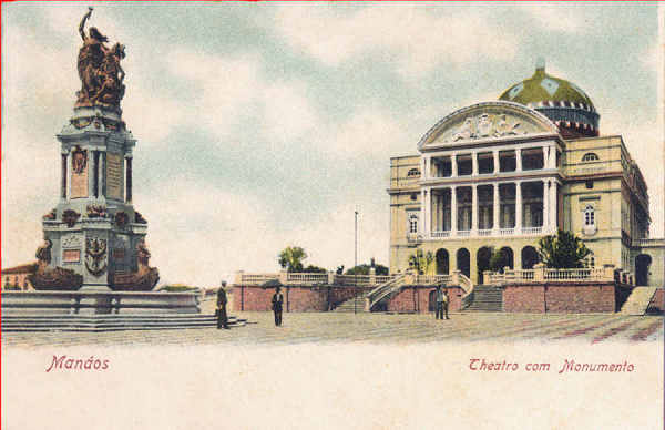 N� 3987 - Man�os, Theatro com Monumento - Dim. 14x8,9 cm - Edi��o Photographia Allem�, Man�os - Col. Am�lcar Monge da Silva (cerca de 1900)