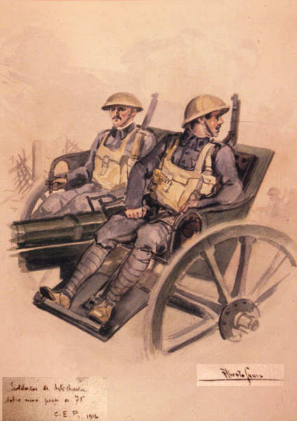 N� 17 - Soldados de Artilharia sobre uma pe�a de 75; C E P 1916 - Edi��o Museu Militar, 1989 - Dim. 14,8x10,4 cm -  Aguarela de Alberto de Sousa - Col. Am�lcar Monge da Silva