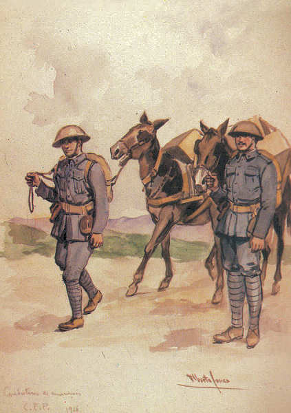 N� 18 - Condutores de muni��es; C E P 1916 - Edi��o Museu Militar, 1989 - Dim. 14,8x10,4 cm -  Aguarela de Alberto de Sousa - Col. Am�lcar Monge da Silva