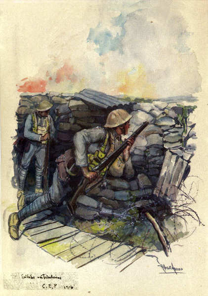 N� 21 - Soldados na Trincheira (C.E.P.-1916) - Edi��o Museu Militar, 1990 - Dim. 14,8x10,4 cm -  Aguarela de Alberto de Sousa - Col. Am�lcar Monge da Silva