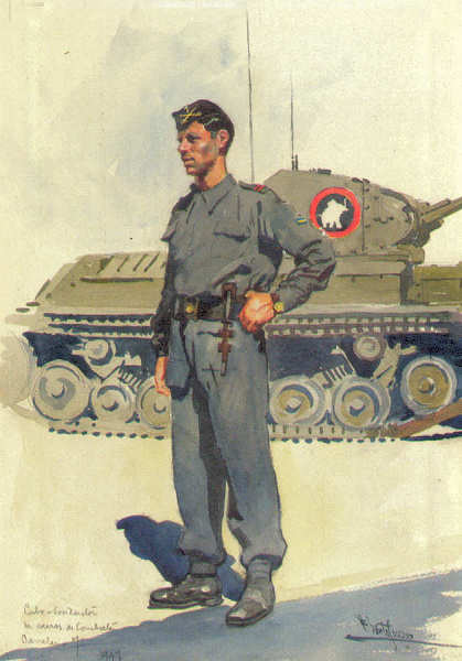 N� 34 - Cabo Condutor de carros de combate; Cavalaria 7 (1947) - Edi��o Museu Militar, 1990 - Dim. 14,8x10,4 cm -  Aguarela de Alberto de Sousa - Col. Am�lcar Monge da Silva