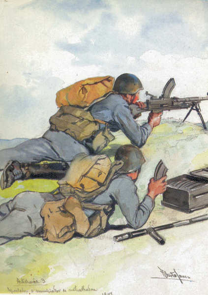 N� 37 - Artilharia 3; Apontador e municiador de metralhadora (1947) - Edi��o Museu Militar, 1991 - Dim. 14,8x10,4 cm -  Aguarela de Alberto de Sousa - Col. Am�lcar Monge da Silva