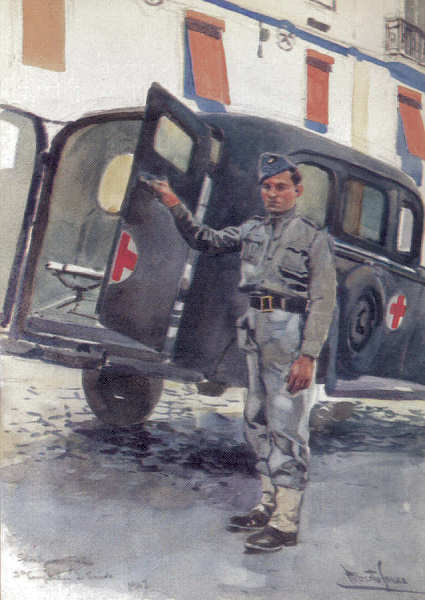 N� 38 - Soldado maqueiro da 3� Companhia de Sa�de (1947) - Edi��o Museu Militar, 1991 - Dim. 14,8x10,4 cm -  Aguarela de Alberto de Sousa - Col. Am�lcar Monge da Silva