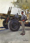 N� 43 - 2� Cabo de Artilharia Pesada n� 1 junto a uma pe�a (1947) - Edi��o Museu Militar, 1991 - Dim. 14,8x10,4 cm -  Aguarela de Alberto de Sousa - Col. Am�lcar Monge da Silva