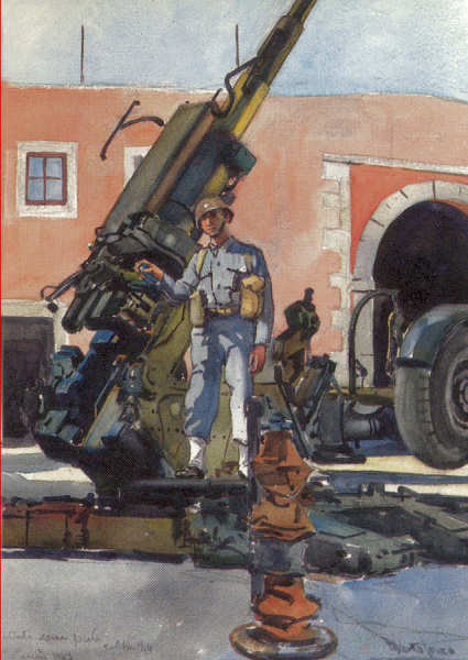 N� 44 - Antia�rea pesada, calibre 9,4; Cascais (1947) - Edi��o Museu Militar, 1991 - Dim. 14,8x10,4 cm -  Aguarela de Alberto de Sousa - Col. Am�lcar Monge da Silva