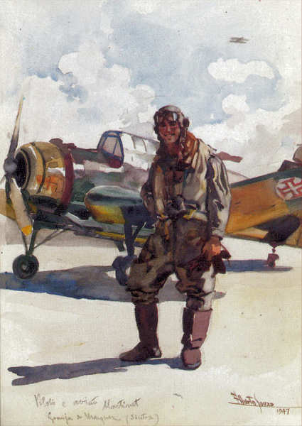 N� 46 - Piloto e avi�o Martinet; Granja do Marqu�s (Sintra), 1947 - Edi��o Museu Militar, 1991 - Dim. 14,8x10,4 cm -  Aguarela de Alberto de Sousa - Col. Am�lcar Monge da Silva