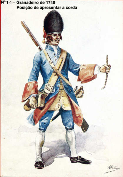 1-1 - Granadeiro de 1740. Posi��o de apresentar a corda - Aguarela do Cor. Ribeiro Artur - Edi��o Jornal do Ex�rcito, 1983 - Dim. 15x10,5 cm - Col. A. Monge da Silva.
