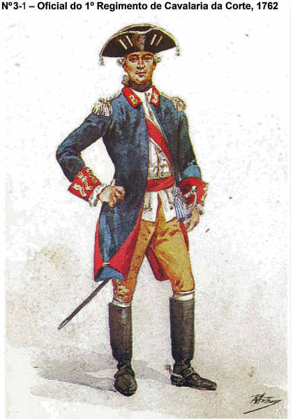 N� 3-1 - Oficial do 1� Regimento de Cavalaria da Corte, 1762 - Aguarela do Cor. Ribeiro Artur - Edi��o Jornal do Ex�rcito, 1983 - Dim. 15x10,5 cm - Col. A. Monge da Silva.