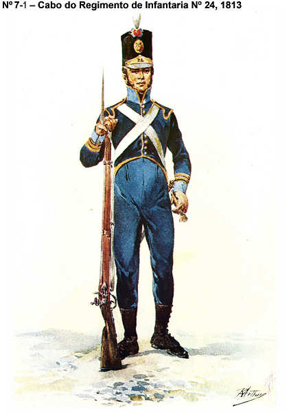 N� 7-1 - Cabo do Regimento de Infantaria N� 14, 1813 - Aguarela do Cor. Ribeiro Artur - Edi��o Jornal do Ex�rcito, 1983 - Dim. 15x10,5 cm - Col. A. Monge da Silva.