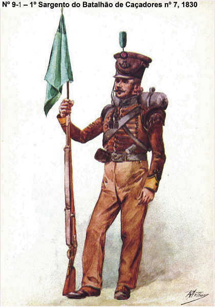 N� 9-1 - 1� Sargento do Batalh�o de Ca�adores n� 7, 1830 - Aguarela do Cor. Ribeiro Artur - Edi��o Jornal do Ex�rcito, 1983 - Dim. 15x10,5 cm - Col. A. Monge da Silva.