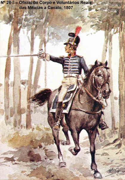 N� 26-3 - Oficial do Corpo e Volunt�rios Reais das Mil�cias a Cavalo, 1807 - Aguarela do Cor. Ribeiro Artur - Edi��o Jornal do Ex�rcito, 1983 - Dim. 15x10,5 cm - Col. A. Monge da Silva