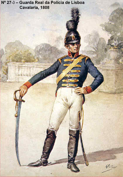 N� 27-3 - Guarda Real da Pol�cia de Lisboa, Cavalaria, 1808 - Aguarela do Cor. Ribeiro Artur - Edi��o Jornal do Ex�rcito, 1983 - Dim. 15x10,5 cm - Col. A. Monge da Silva.