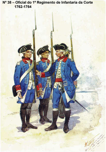 N� 38 - Oficial do 1� Regimento de Infantaria da Corte, 1762/64 - Aguarela do Cor. Ribeiro Artur - Edi��o Jornal do Ex�rcito S/D (1983?) - Dim. 15x10,5 cm - Col. A. Monge da Silva