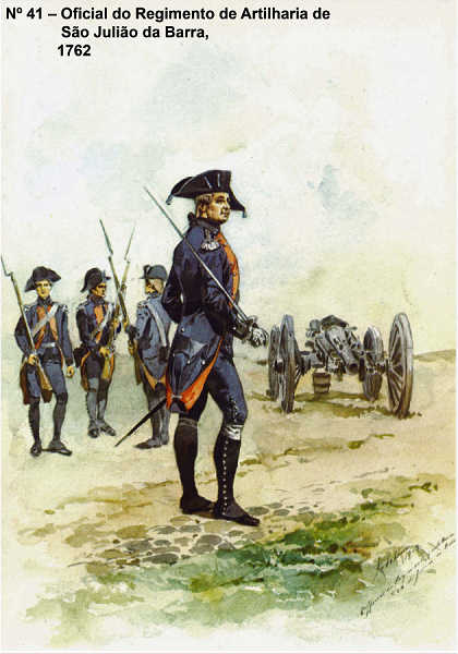 N� 41 - Oficial do Regimento de Artilharia de S. Juli�o da Barra, 1762 - Aguarela do Cor. Ribeiro Artur - Edi��o Jornal do Ex�rcito S/D (1983?) - Dim. 15x10,5 cm - Col. A. Monge da Silva