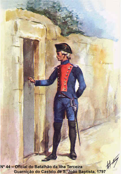 N� 44 - Oficial do Batalh�o da Ilha Terceira, 1797, Guarni��o do Castelo de S. Jo�o Baptista - Aguarela do Cor. Ribeiro Artur - Edi��o Jornal do Ex�rcito S/D (1983?) - Dim. 15x10,5 cm - Col. A. Monge da Silva.
