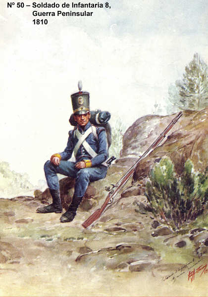 N� 50 - Soldado de Infantaria 8, Guerra Peninsular, 1810 - Aguarela do Cor. Ribeiro Artur - Edi��o Jornal do Ex�rcito S/D (1983?) - Dim. 15x10,5 cm - Col. A. Monge da Silva