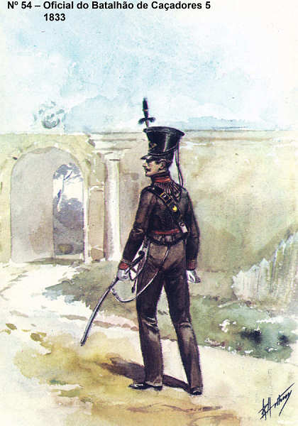 N� 55 - Oficial do Batalh�o de Ca�adores 5, 1833 - Aguarela do Cor. Ribeiro Artur - Edi��o Jornal do Ex�rcito S/D (1983?) - Dim. 15x10,5 cm - Col. A. Monge da Silva