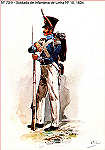 N� 73-9 - Soldado de Infantaria de Linha N� 10, 1834 - Aguarela do Cor. Ribeiro Artur - Edi��o Jornal do Ex�rcito, 1983 - Dim. 15x10,3 cm - Col. A. Monge da Silva