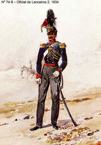 N� 74-9 - Oficial de Lanceiros 2, 1834 - Aguarela do Cor. Ribeiro Artur - Edi��o Jornal do Ex�rcito, 1983 - Dim. 15x10,3 cm- Col. A. Monge da Silva