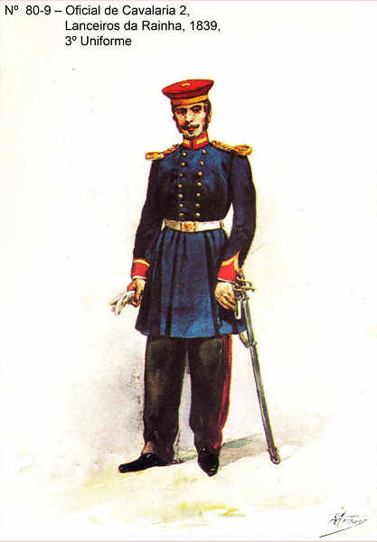 N� 80-9 - Oficial de Cavalaria 2, Lanceiros da Rainha , 1839, 3� Uniforme - Aguarela do Cor. Ribeiro Artur - Edi��o Jornal do Ex�rcito, 1983 - Dim. 15x10,3 cm - Col. A. Monge da Silva