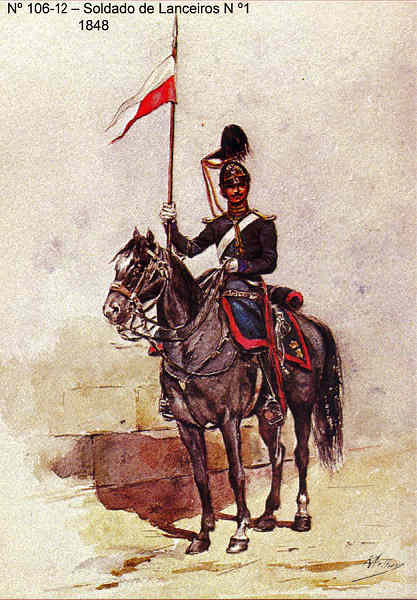 N� 106-12 - Soldado de Lanceiros n� 1, 1848 - Aguarela do Cor. Ribeiro Artur - Edi��o Jornal do Ex�rcito, 1983 - Dim. 15x10,3 cm - Col. A. Monge da Silva