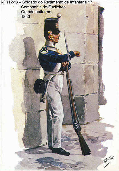 N� 112-13 - Soldado do Regimento de Infantaria 17, Companhia de Fuzileiros, Grande uniforme, 1850 - Aguarela do Cor. Ribeiro Artur - Edi��o Jornal do Ex�rcito, 1983 - Dim. 15x10,3 cm - Col. A. Monge da Silva