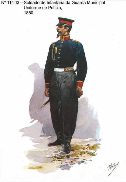 N� 114-13 - Soldado de Infantaria da Guarda Municipal, Uniforme de pol�cia, 1850 - Aguarela do Cor. Ribeiro Artur - Edi��o Jornal do Ex�rcito, 1983 - Dim. 15x10,3 cm - Col. A. Monge da Silva