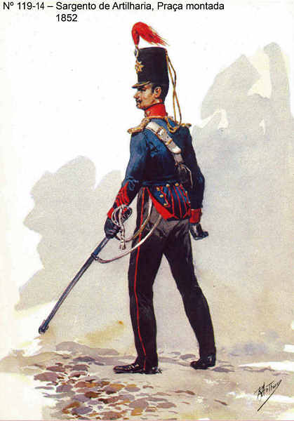 N� 119-14 - Sargento de Artilharia, Pra�a montada, 1852 - Aguarela do Cor. Ribeiro Artur - Edi��o Jornal do Ex�rcito, 1985 - Dim. 15x10,3 cm - Col. A. Monge da Silva