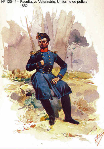 N� 120-14 - Facultativo Veterin�rio, Uniforme de pol�cia, 1852 - Aguarela do Cor. Ribeiro Artur - Edi��o Jornal do Ex�rcito, 1985 - Dim. 15x10,3 cm - Col. A. Monge da Silva