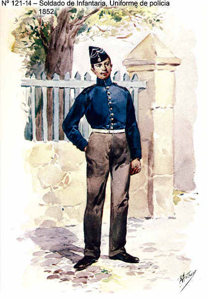 N� 121-14 - Soldado de Infantaria, Uniforme de pol�cia, 1852 - Aguarela do Cor. Ribeiro Artur - Edi��o Jornal do Ex�rcito, 1985 - Dim. 15x10,3 cm - Col. A. Monge da Silva