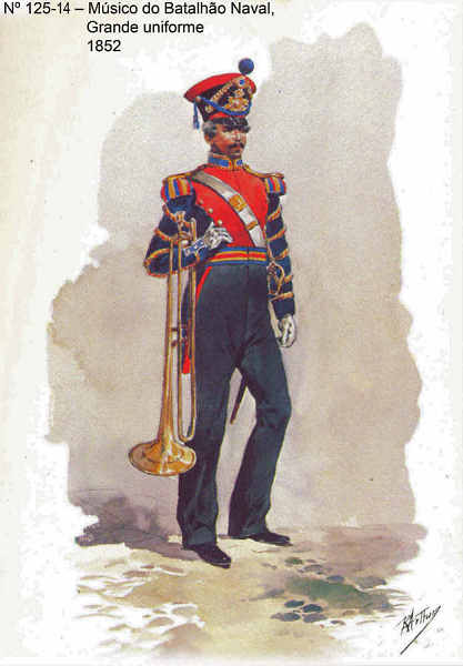 N� 125-14 - M�sico do Batalh�o Naval, Grande uniforme, 1852 - Aguarela do Cor. Ribeiro Artur - Edi��o Jornal do Ex�rcito, 1985 - Dim. 15x10,3 cm - Col. A. Monge da Silva