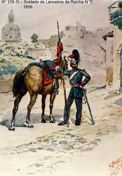 N� 129-15 - Soldado de Lanceiros da Rainha N� 2, 1856 - Aguarela do Cor. Ribeiro Artur - Edi��o Jornal do Ex�rcito, 1985 - Dim. 15x10,3 cm - Col. A. Monge da Silva