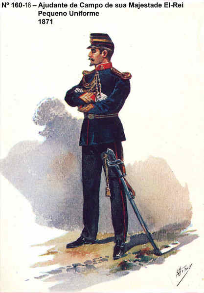 N� 160-18 - Ajudante de Campo de sua Majestade El-Rei, Pequeno Uniforme, 1871 - Aguarela do Cor. Ribeiro Artur - Edi��o Jornal do Ex�rcito, 1985 - Dim. 15x10,3 cm - Col. A. Monge da Silva