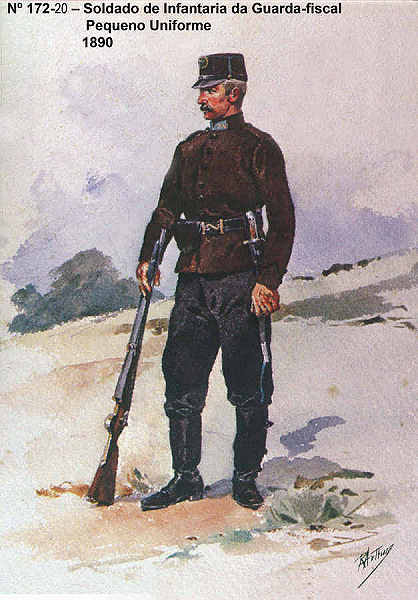 N� 172-20 - Soldado de Infantaria da Guarda-fiscal, Pequeno Uniforme, 1890 - Aguarela do Cor. Ribeiro Artur - Edi��o Jornal do Ex�rcito, 1985 - Dim. 15x10,3 cm - Col. A. Monge da Silva