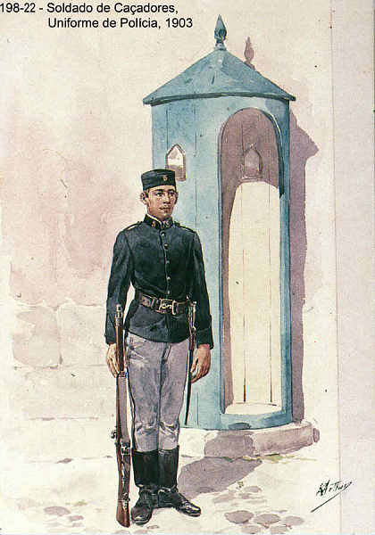 N� 198-22 - Soldado de Ca�adores, Uniforme de Pol�cia, 1903 - Aguarela do Cor. Ribeiro Artur - Edi��o Jornal do Ex�rcito, 1987 - Dim. 15x10,3 cm - Col. A. Monge da Silva
