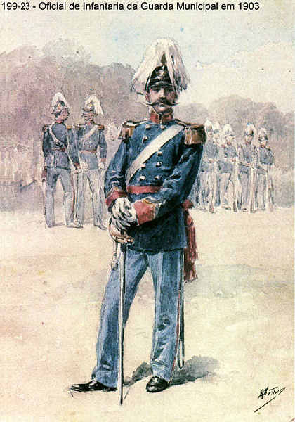 N� 199-23 - Oficial de Infantaria da Guarda Municipal em 1903 - Aguarela do Cor. Ribeiro Artur - Edi��o Jornal do Ex�rcito, 1987 - Dim. 15x10,3 cm - Col. A. Monge da Silva