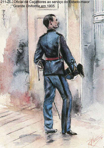 N� 211-24 - Oficial de Ca�adores ao servi�o do Estado-maior, Grande Uniforme em 1905 - Aguarela do Cor. Ribeiro Artur - Edi��o Jornal do Ex�rcito, 1987 - Dim. 15x10,3 cm - Col. A. Monge da Silva