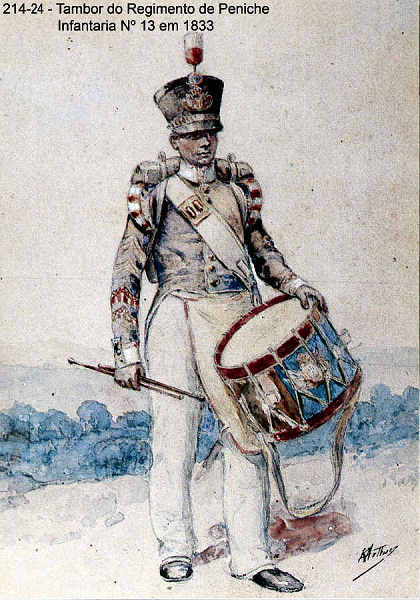 N� 214-24 - Tambor do Regimento de Peniche, Infantaria N� 13 em 1833 - Aguarela do Cor. Ribeiro Artur - Edi��o Jornal do Ex�rcito, 1987 - Dim. 15x10,3 cm - Col. A. Monge da Silva.