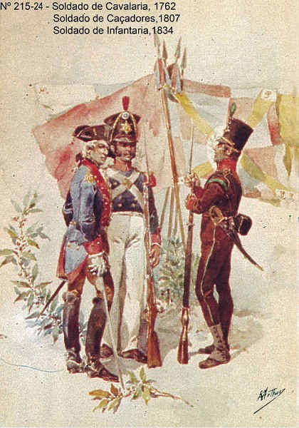 N� 215-24 - Soldado de Cavalaria em 1762, Soldado de Ca�adores em 1807 e soldado de Infantaria, 1834 - Aguarela do Cor. Ribeiro Artur - Edi��o Jornal do Ex�rcito, 1987 - Dim. 15x10,3 cm - Col. A. Monge da Silva