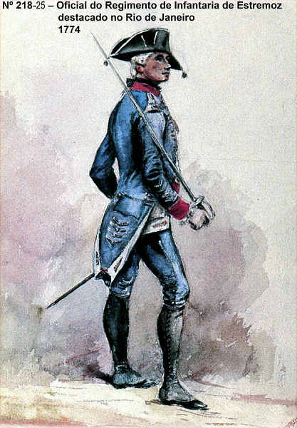 N� 218-25 - Oficial do Regimento de Infantaria de Estremoz destacado no Rio de Janeiro, 1774 - Aguarela do Cor. Ribeiro Artur - Edi��o Jornal do Ex�rcito, 1987 - Dim. 15x10,3 cm - Col. A. Monge da Silva.